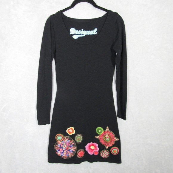 Desigual Black Long Sleeve Mini Dress Colorful Patchwork Embellishments Medium - Picture 1 of 11